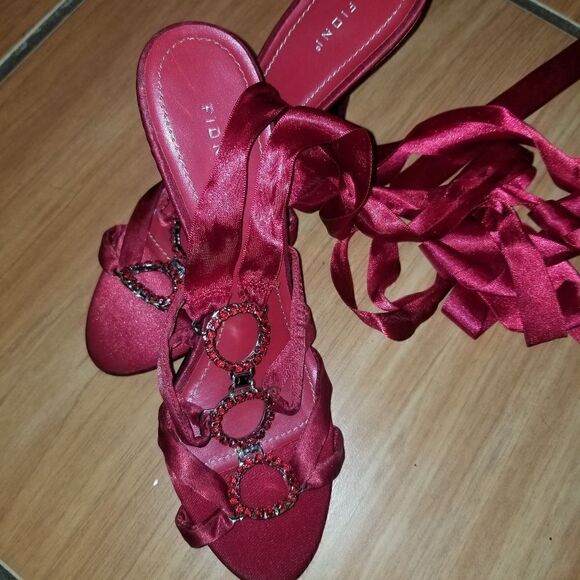 Fioni | Size 6 Vintage Ruby Red Open Toe Lace Up Heels with Circle Gem Detail - Picture 5 of 15